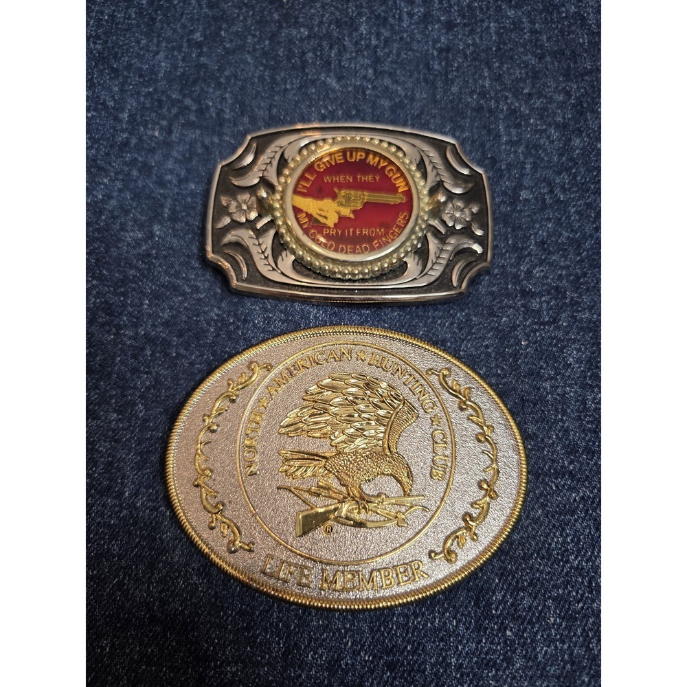 Lot of 2 Hunting Club & Gun Rights Emblem Belt Buckles - Silver Gold